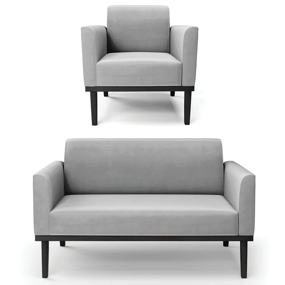 Sofá Namoradeira e 1 Poltrona Base Madeira Preto Maressa Suede Cinza - Ibiza