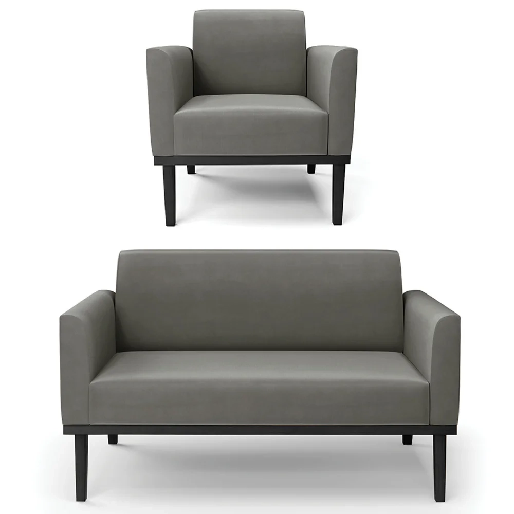 Sofá Namoradeira e 1 Poltrona Base Madeira Preto Maressa Suede Grafite - Ibiza