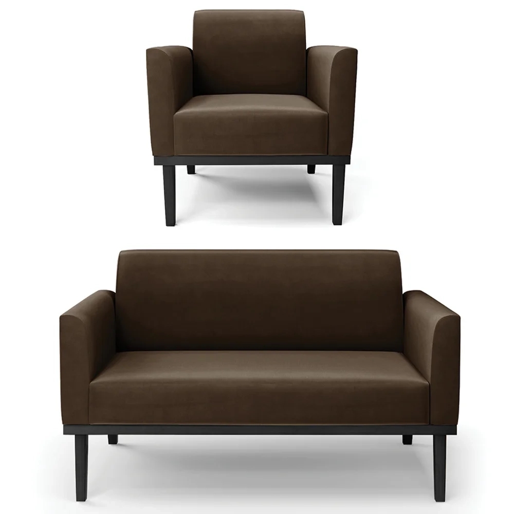 Sofá Namoradeira e 1 Poltrona Base Madeira Preto Maressa Suede Marrom - Ibiza