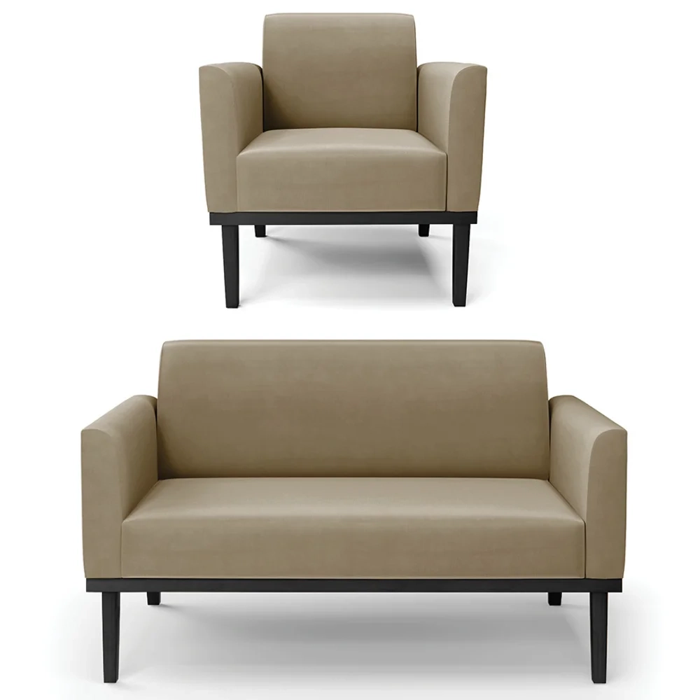 Sofá Namoradeira e 1 Poltrona Base Madeira Preto Maressa Suede Marrom RT - Ibiza