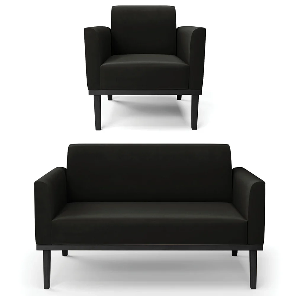 Sofá Namoradeira e 1 Poltrona Base Madeira Preto Maressa Suede Preto - Ibiza