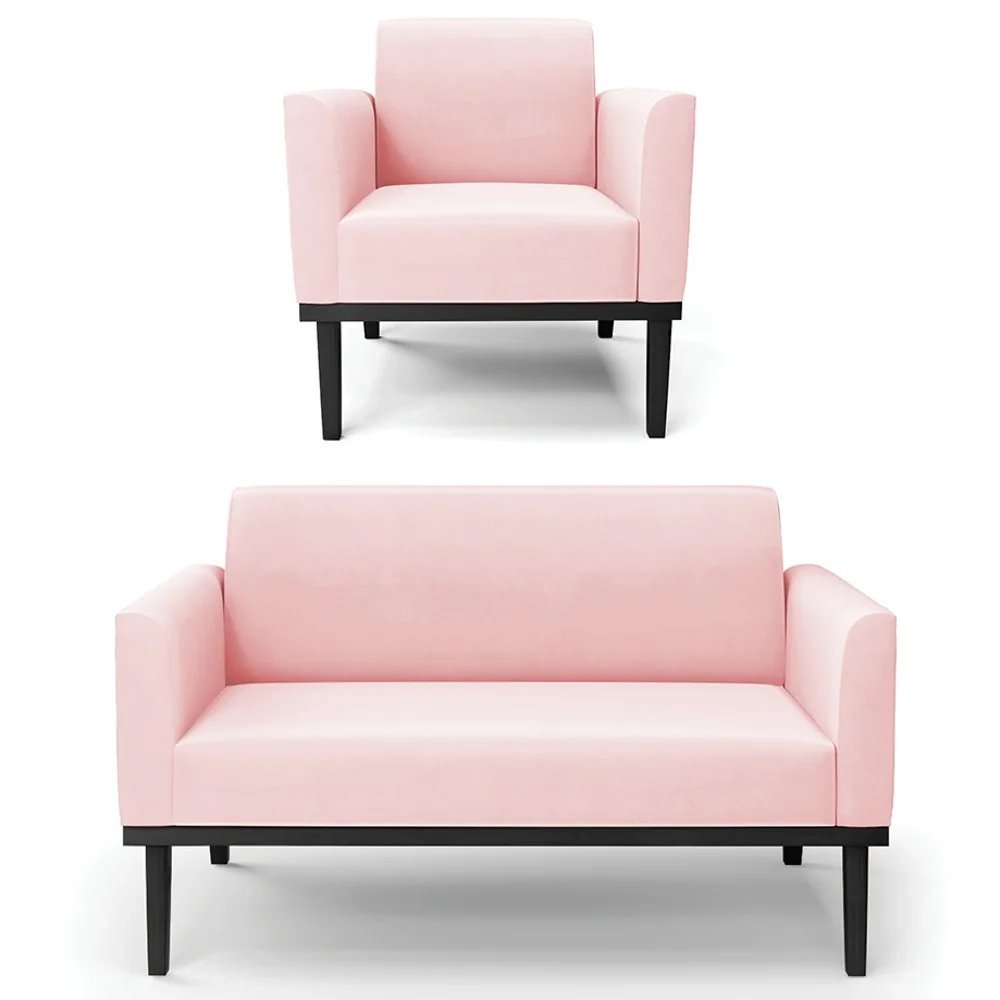 Sofá Namoradeira e 1 Poltrona Base Madeira Preto Maressa Suede Rosa Bebê - Ibiza