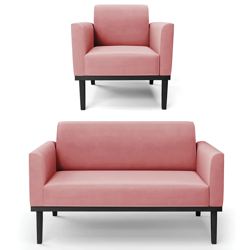 Sofá Namoradeira e 1 Poltrona Base Madeira Preto Maressa Suede Rosê - Ibiza