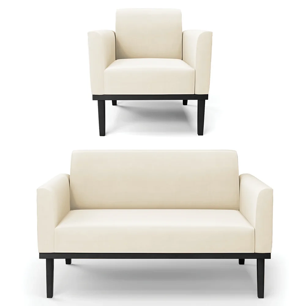 Sofá Namoradeira e 1 Poltrona Base Madeira Preto Maressa Veludo Bege - Ibiza