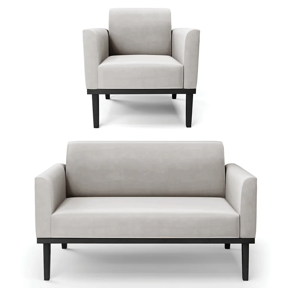 Sofá Namoradeira e 1 Poltrona Base Madeira Preto Maressa Veludo Cinza - Ibiza