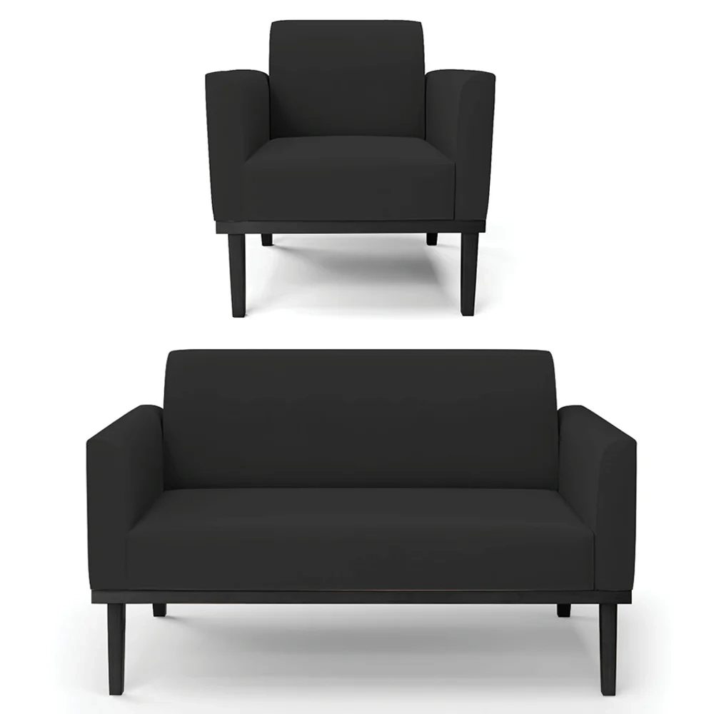 Sofá Namoradeira e 1 Poltrona Base Madeira Preto Maressa Veludo Preto - Ibiza