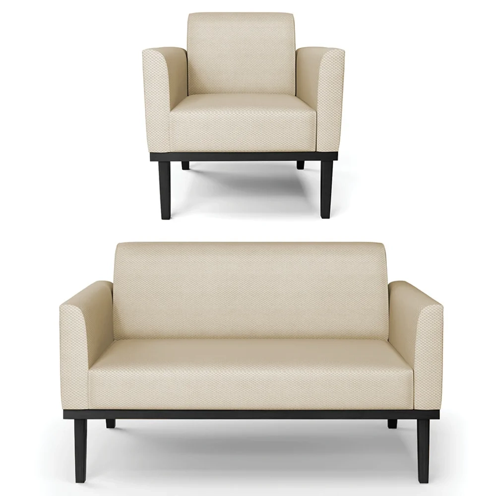 Sofá Namoradeira e 1 Poltrona Base Madeira Preto Maressa Veludo Luxo Off White - Ibiza