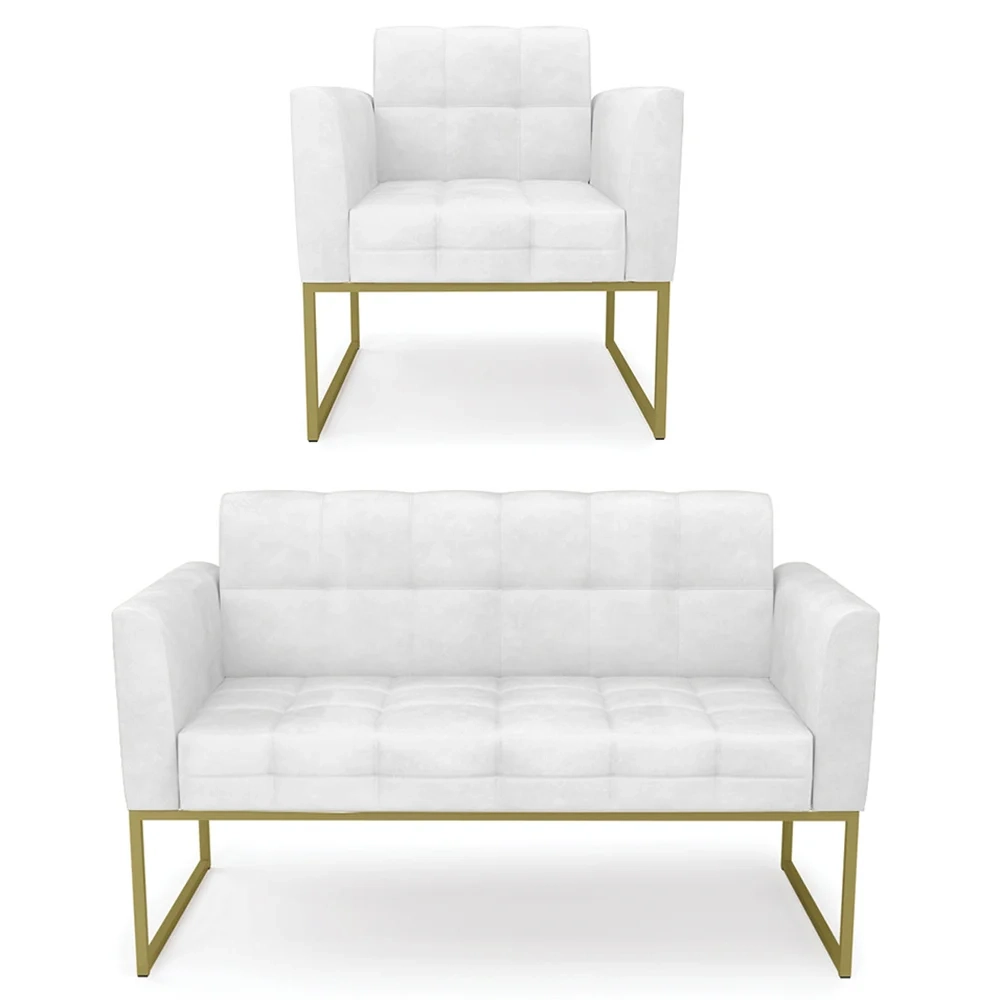 Sofá Namoradeira e 1 Poltrona Base Industrial Dourado Ana Sintético PU Branco - Ibiza