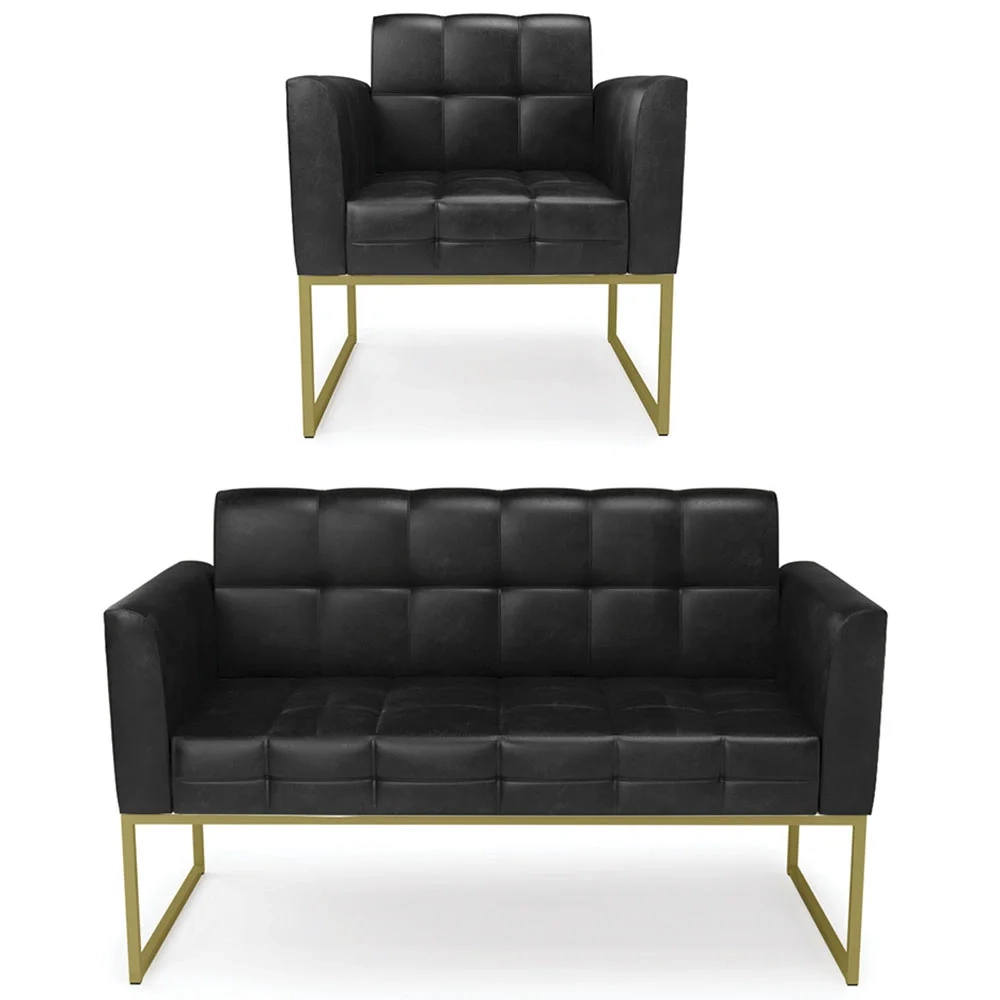 Sofá Namoradeira e 1 Poltrona Base Industrial Dourado Ana Sintético PU Preto - Ibiza