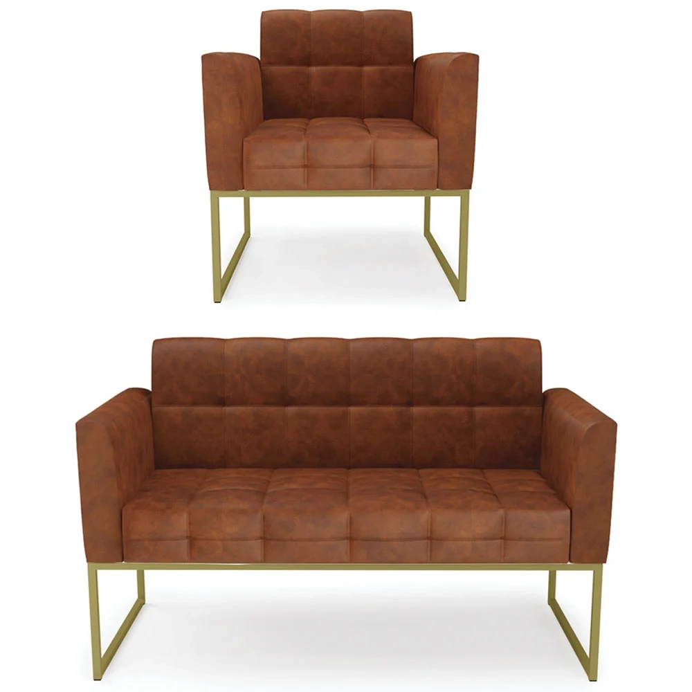 Sofá Namoradeira e 1 Poltrona Base Industrial Dourado Ana Sintético PU Nozes - Ibiza
