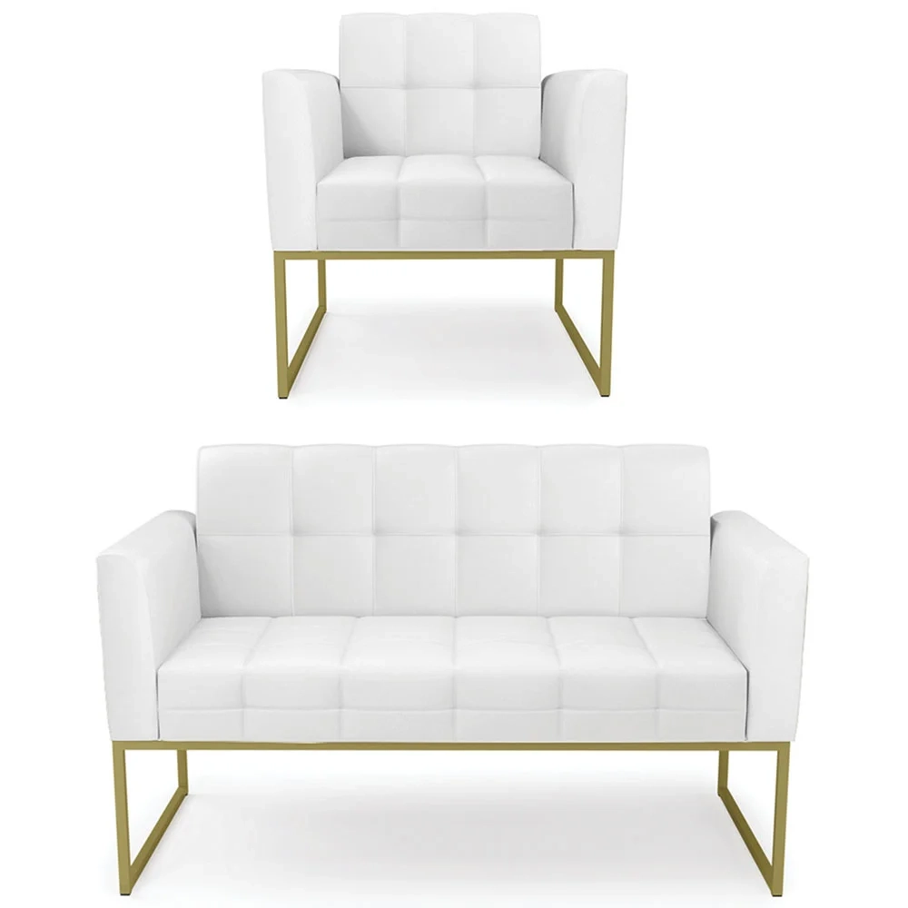 Sofá Namoradeira e 1 Poltrona Base Industrial Dourado Ana Sintético Branco - Ibiza