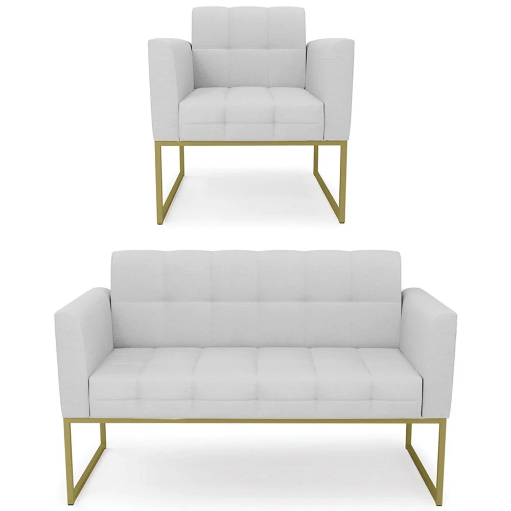 Sofá Namoradeira e 1 Poltrona Base Industrial Dourado Ana Linho Cinza - Ibiza