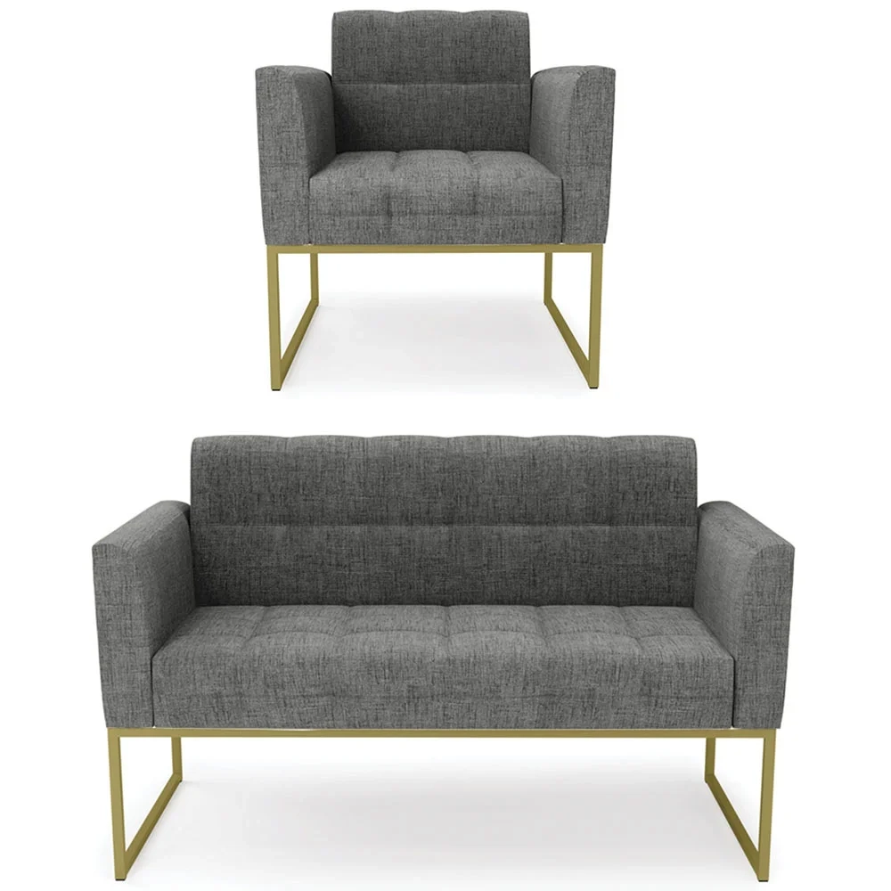 Sofá Namoradeira e 1 Poltrona Base Industrial Dourado Ana Linho Grafite - Ibiza