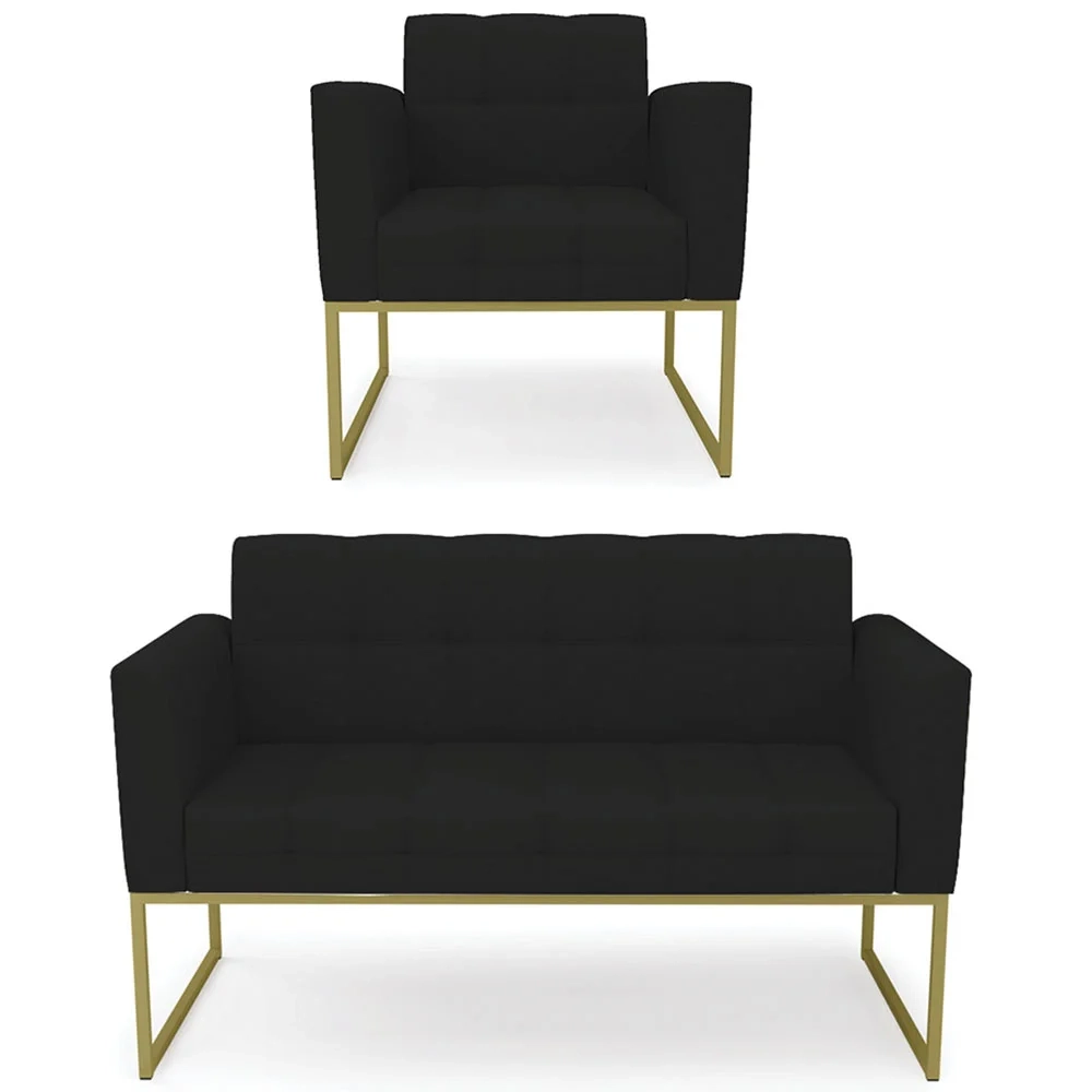 Sofá Namoradeira e 1 Poltrona Base Industrial Dourado Ana Linho Preto - Ibiza