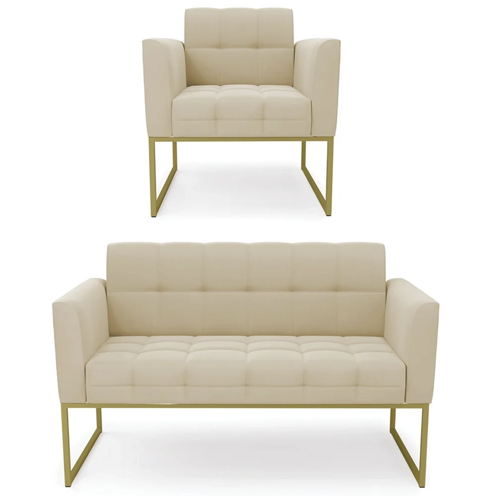Sofá Namoradeira e 1 Poltrona Base Industrial Dourado Ana Suede Bege - Ibiza