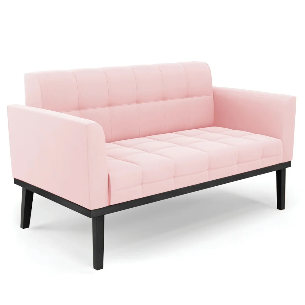 Sofá Namoradeira Base Madeira Preto Ana Suede Rosa Bebê - Ibiza
