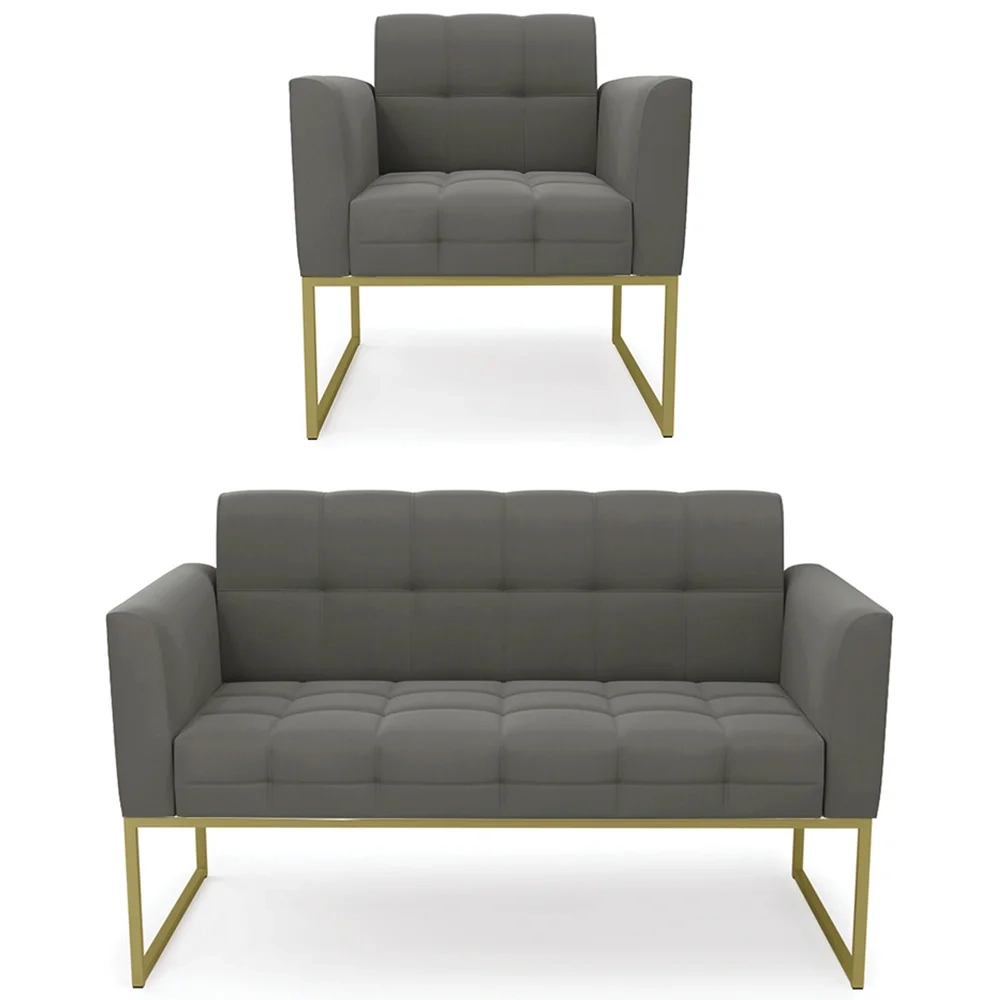 Sofá Namoradeira e 1 Poltrona Base Industrial Dourado Ana Suede Grafite - Ibiza