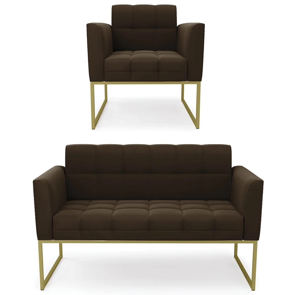 Sofá Namoradeira e 1 Poltrona Base Industrial Dourado Ana Suede Marrom - Ibiza