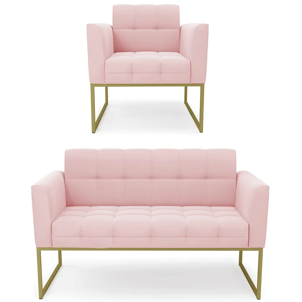 Sofá Namoradeira e 1 Poltrona Base Industrial Dourado Ana Suede Rosa Bebê - Ibiza