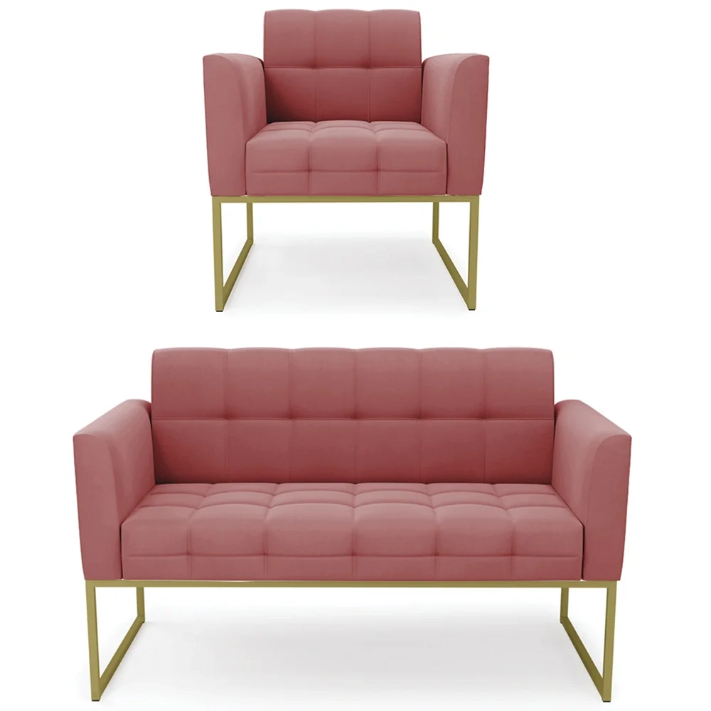 Sofá Namoradeira e 1 Poltrona Base Industrial Dourado Ana Suede Rosê - Ibiza