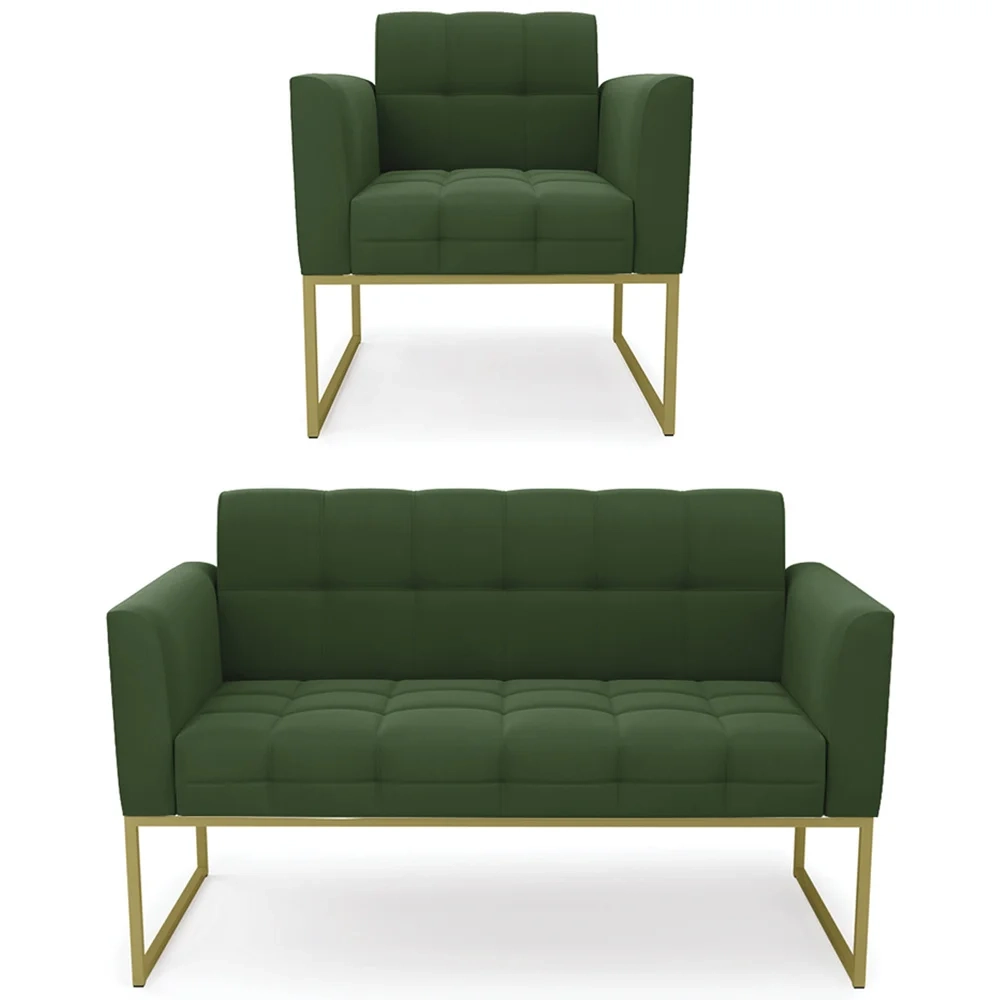 Sofá Namoradeira e 1 Poltrona Base Industrial Dourado Ana Suede Verde - Ibiza