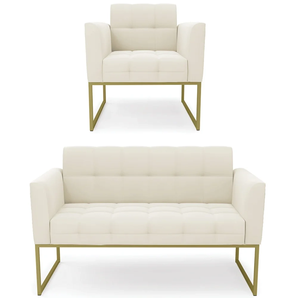 Sofá Namoradeira e 1 Poltrona Base Industrial Dourado Ana Veludo Bege - Ibiza