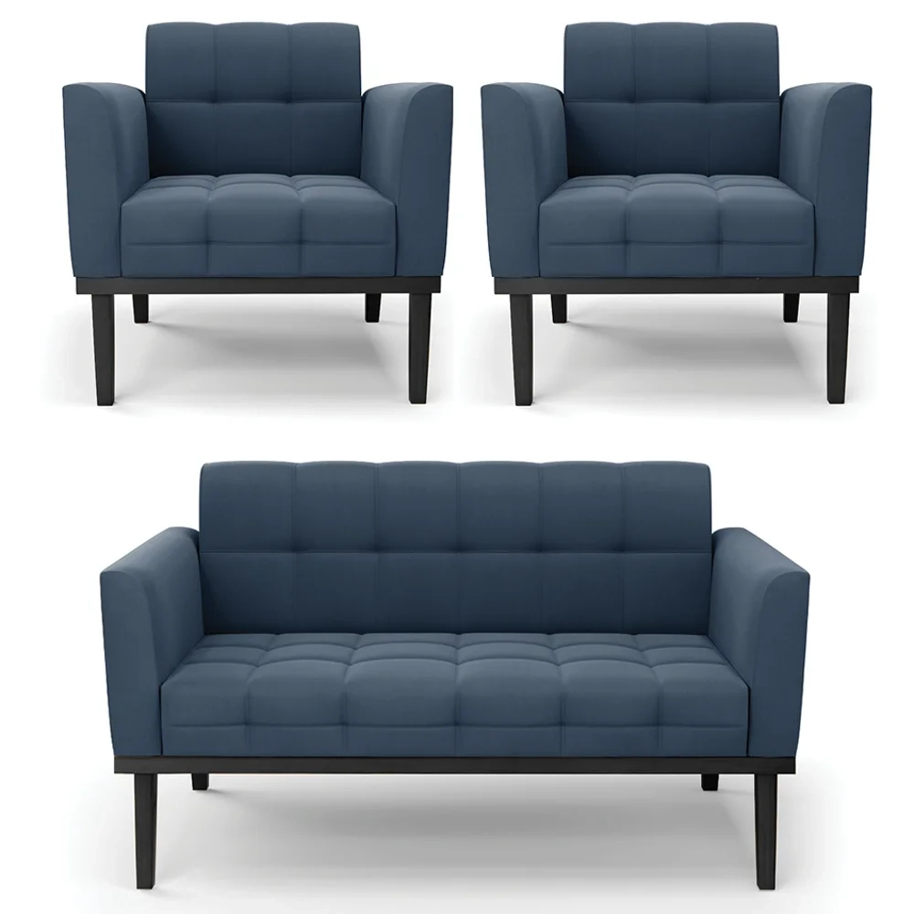 Sofá Namoradeira e 2 Poltronas Base Madeira Preto Ana Suede Azul Marinho - Ibiza