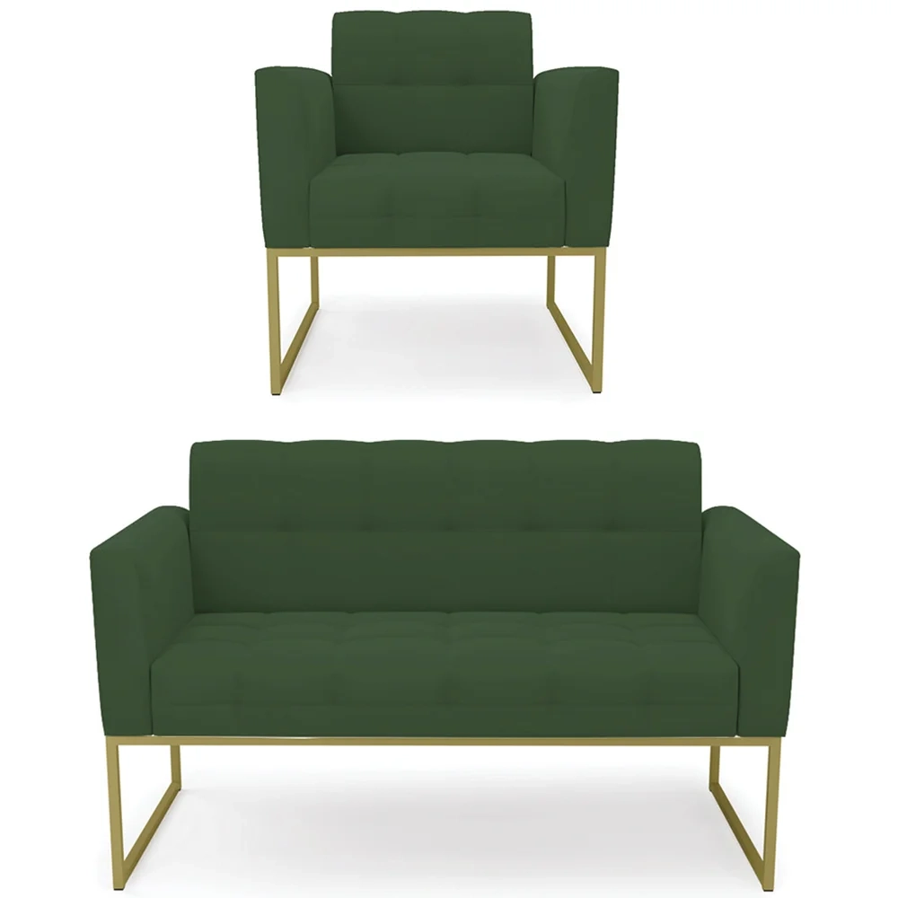 Sofá Namoradeira e 1 Poltrona Base Industrial Dourado Ana Veludo Verde - Ibiza