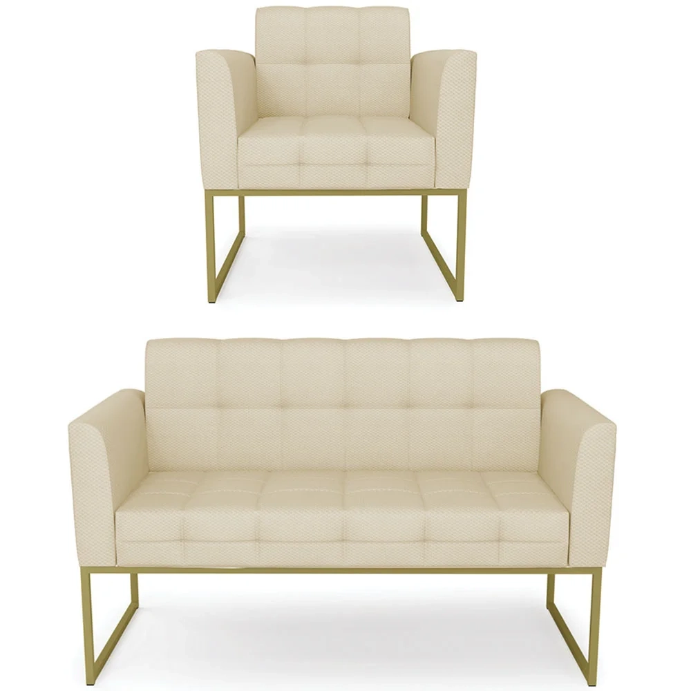 Sofá Namoradeira e 1 Poltrona Base Industrial Dourado Ana Veludo Luxo Off White - Ibiza