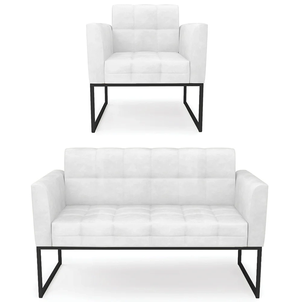 Sofá Namoradeira e 1 Poltrona Base Industrial Preto Ana Sintético PU Branco - Ibiza