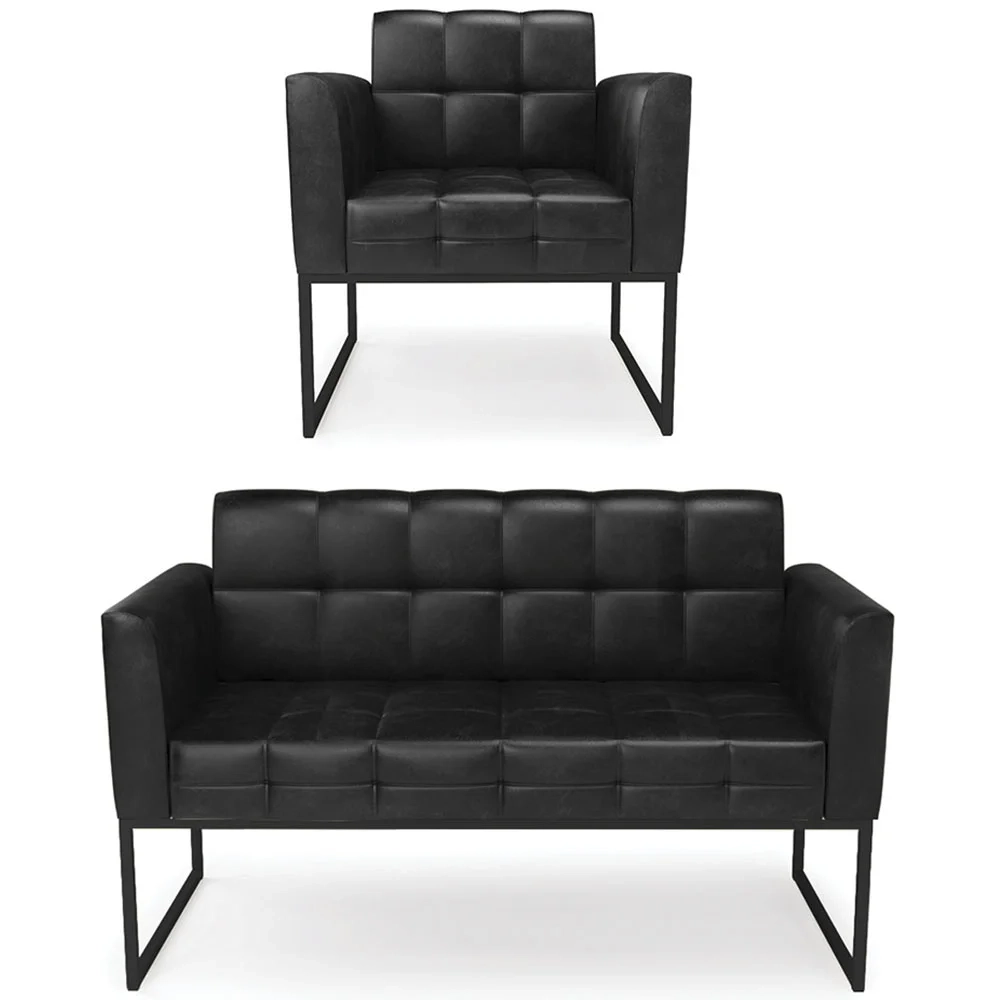 Sofá Namoradeira e 1 Poltrona Base Industrial Preto Ana Sintético PU Preto - Ibiza