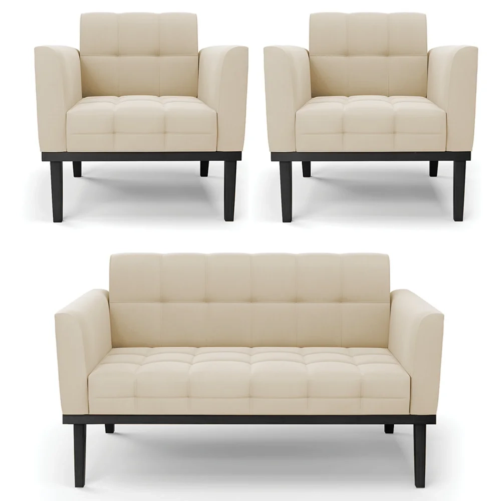 Sofá Namoradeira e 2 Poltronas Base Madeira Preto Ana Suede Bege - Ibiza