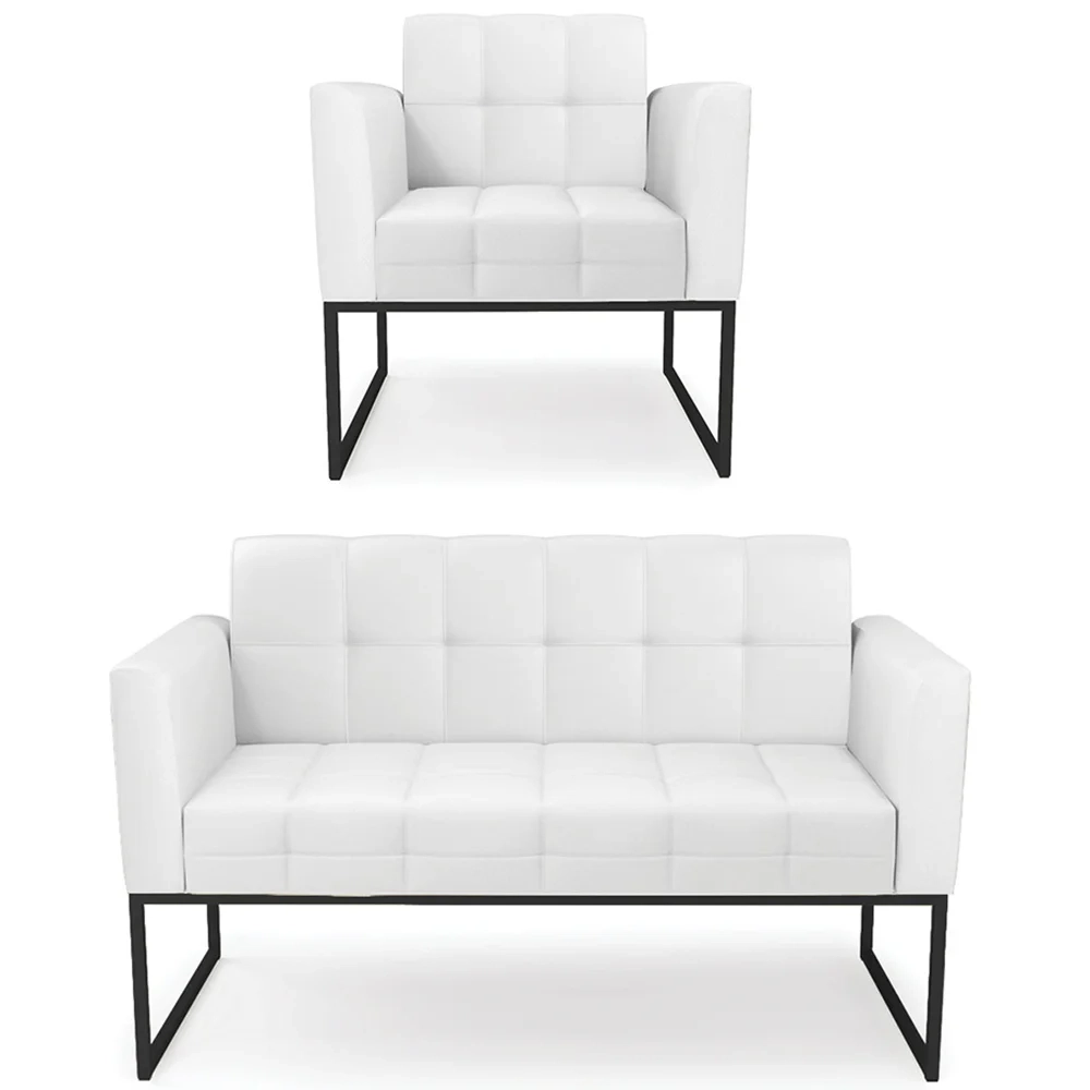 Sofá Namoradeira e 1 Poltrona Base Industrial Preto Ana Sintético Branco - Ibiza