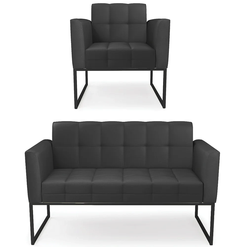 Sofá Namoradeira e 1 Poltrona Base Industrial Preto Ana Sintético Preto - Ibiza