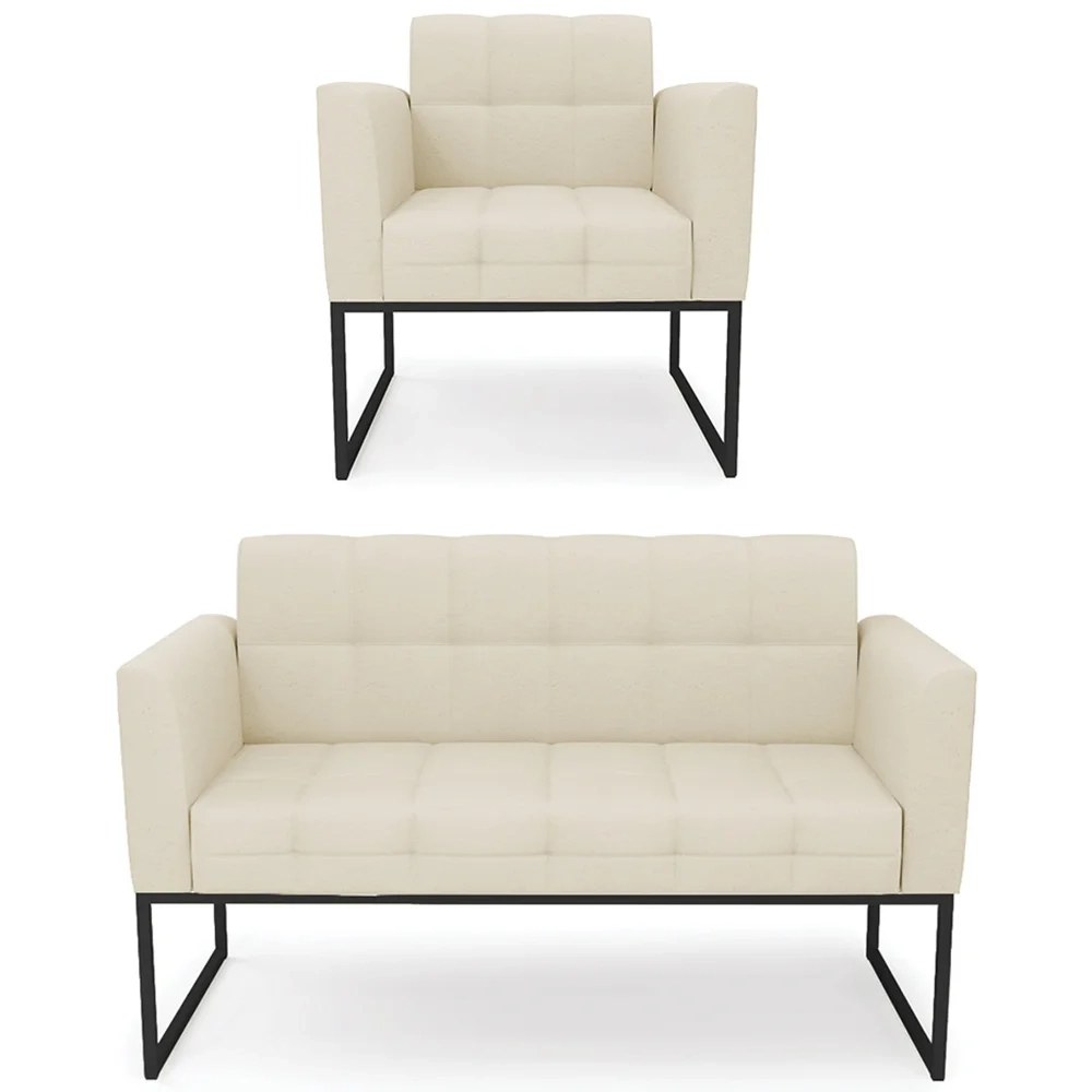 Sofá Namoradeira e 1 Poltrona Base Industrial Preto Ana Linho Bege - Ibiza