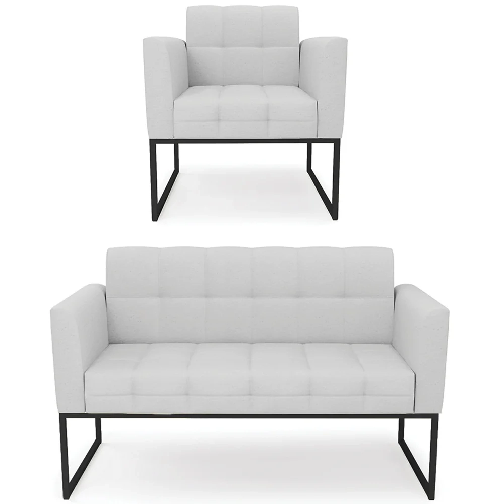 Sofá Namoradeira e 1 Poltrona Base Industrial Preto Ana Linho Cinza - Ibiza