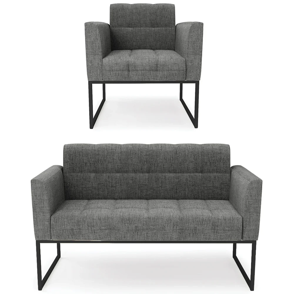 Sofá Namoradeira e 1 Poltrona Base Industrial Preto Ana Linho Grafite - Ibiza