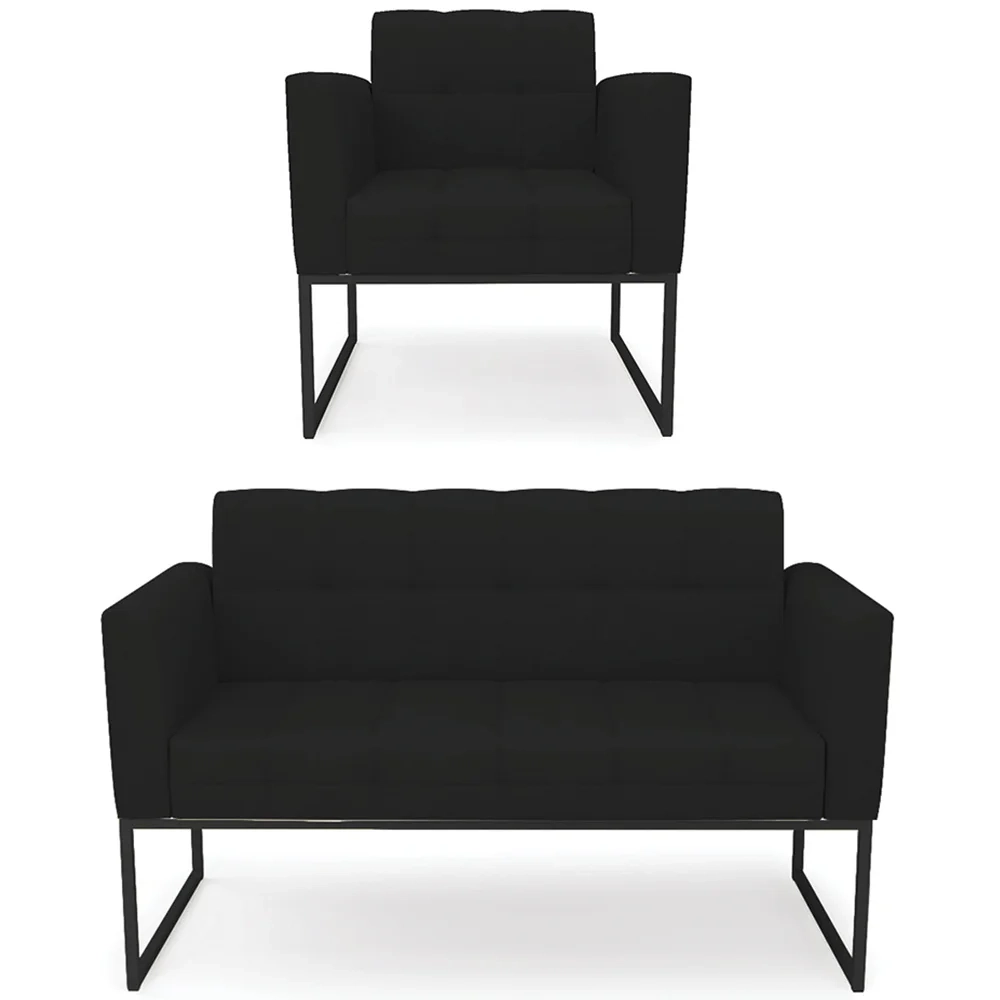 Sofá Namoradeira e 1 Poltrona Base Industrial Preto Ana Linho Preto - Ibiza