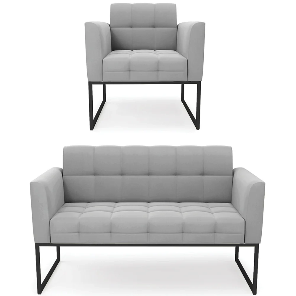 Sofá Namoradeira e 1 Poltrona Base Industrial Preto Ana Suede Cinza - Ibiza