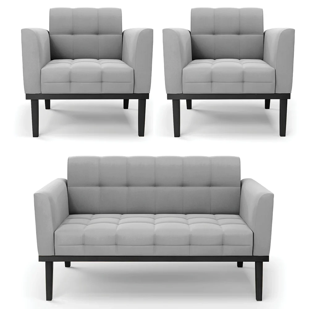 Sofá Namoradeira e 2 Poltronas Base Madeira Preto Ana Suede Cinza - Ibiza