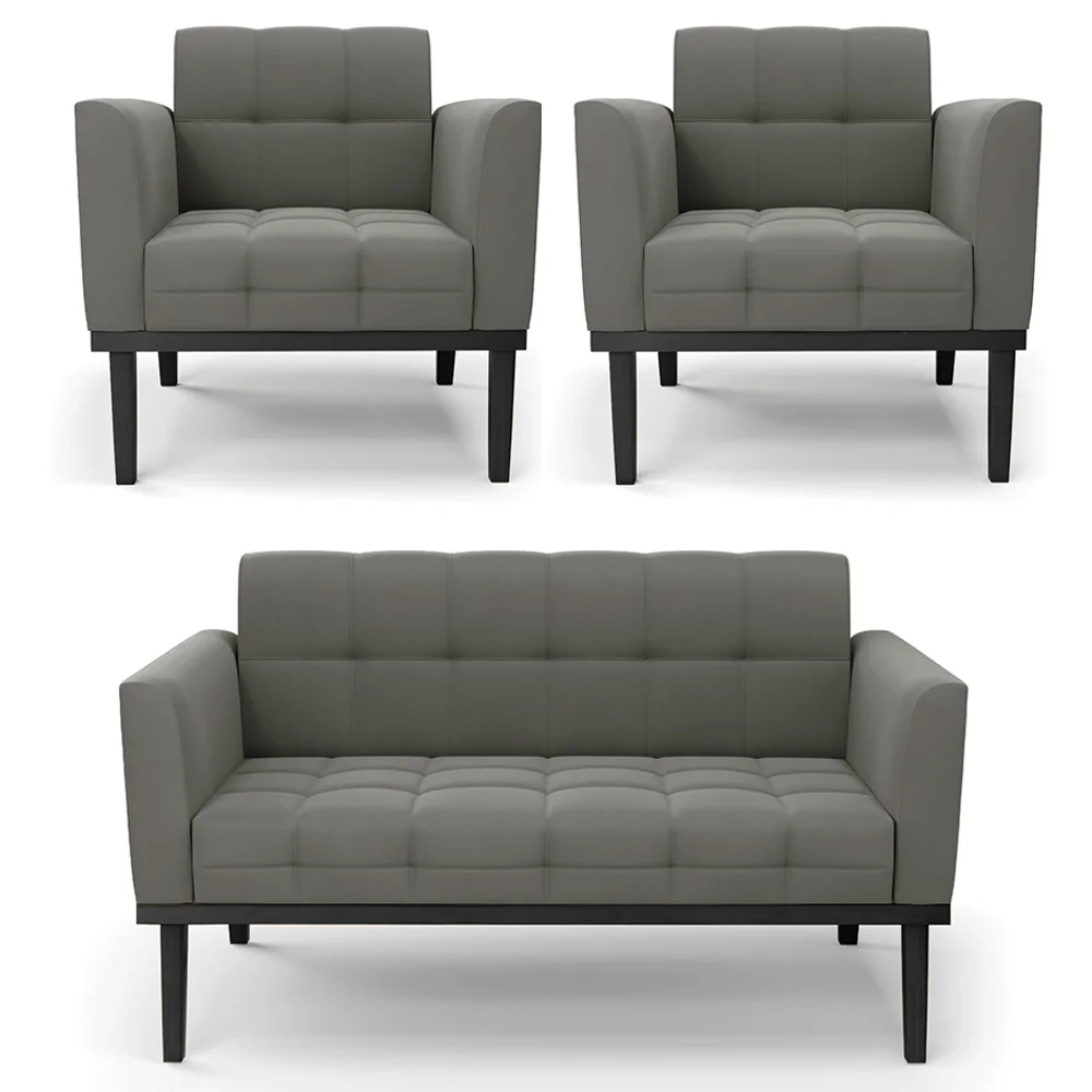 Sofá Namoradeira e 2 Poltronas Base Madeira Preto Ana Suede Grafite - Ibiza