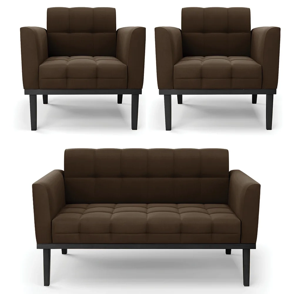 Sofá Namoradeira e 2 Poltronas Base Madeira Preto Ana Suede Marrom - Ibiza