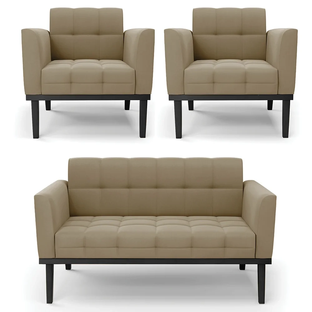 Sofá Namoradeira e 2 Poltronas Base Madeira Preto Ana Suede Marrom RT - Ibiza