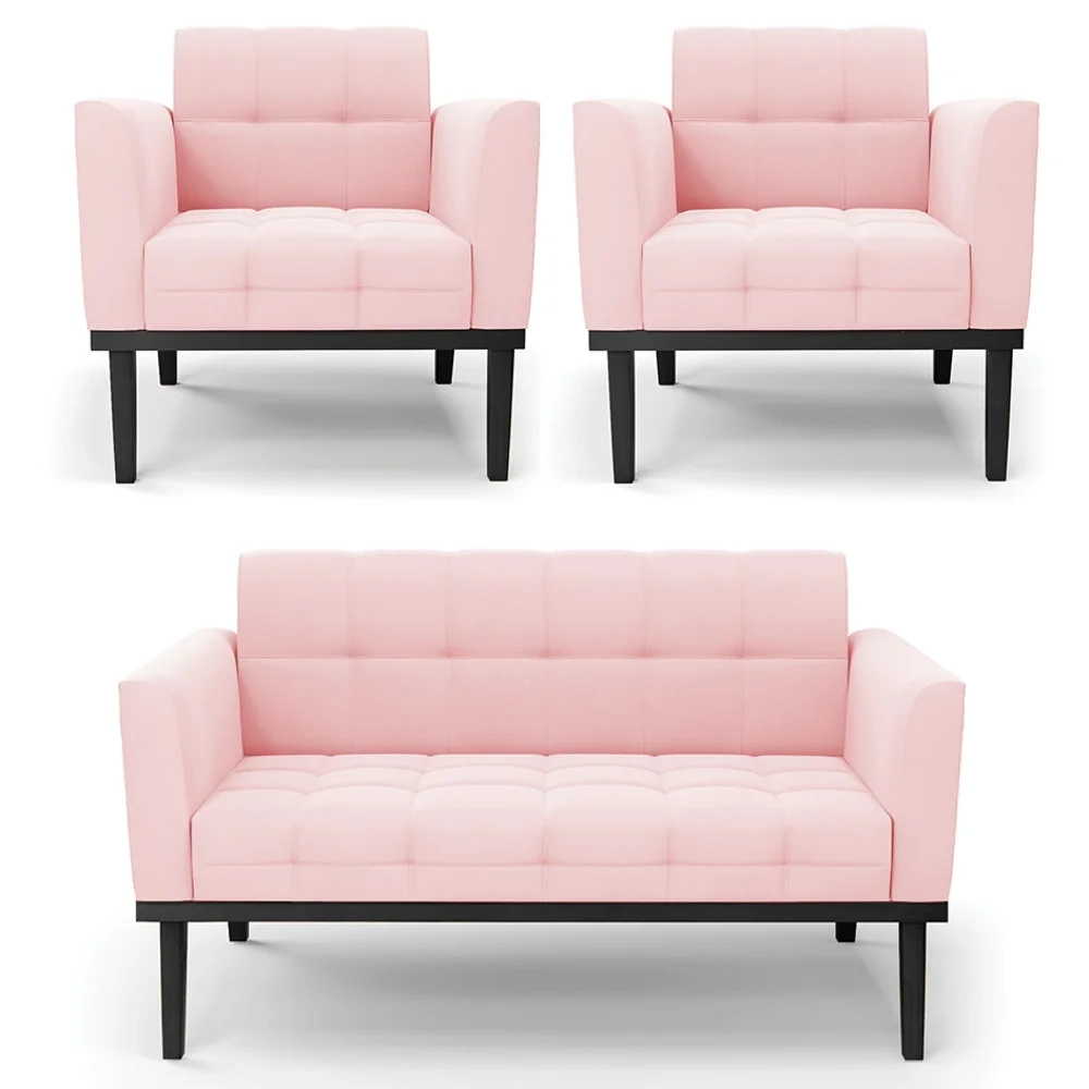 Sofá Namoradeira e 2 Poltronas Base Madeira Preto Ana Suede Rosa Bebê - Ibiza