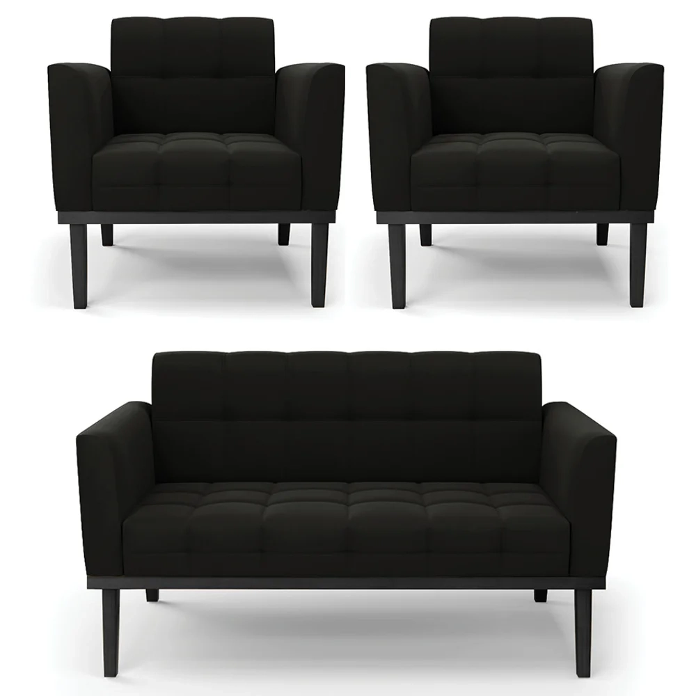 Sofá Namoradeira e 2 Poltronas Base Madeira Preto Ana Suede Preto - Ibiza