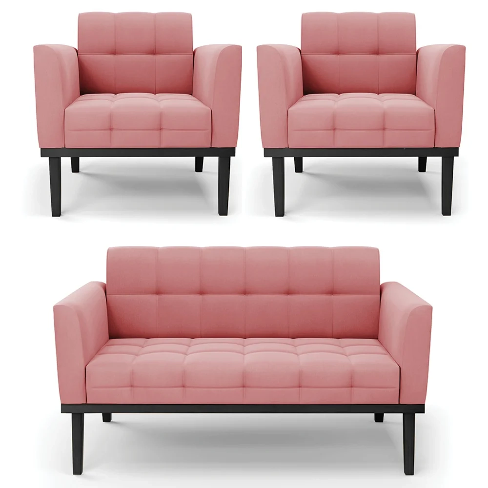 Sofá Namoradeira e 2 Poltronas Base Madeira Preto Ana Suede Rosê - Ibiza