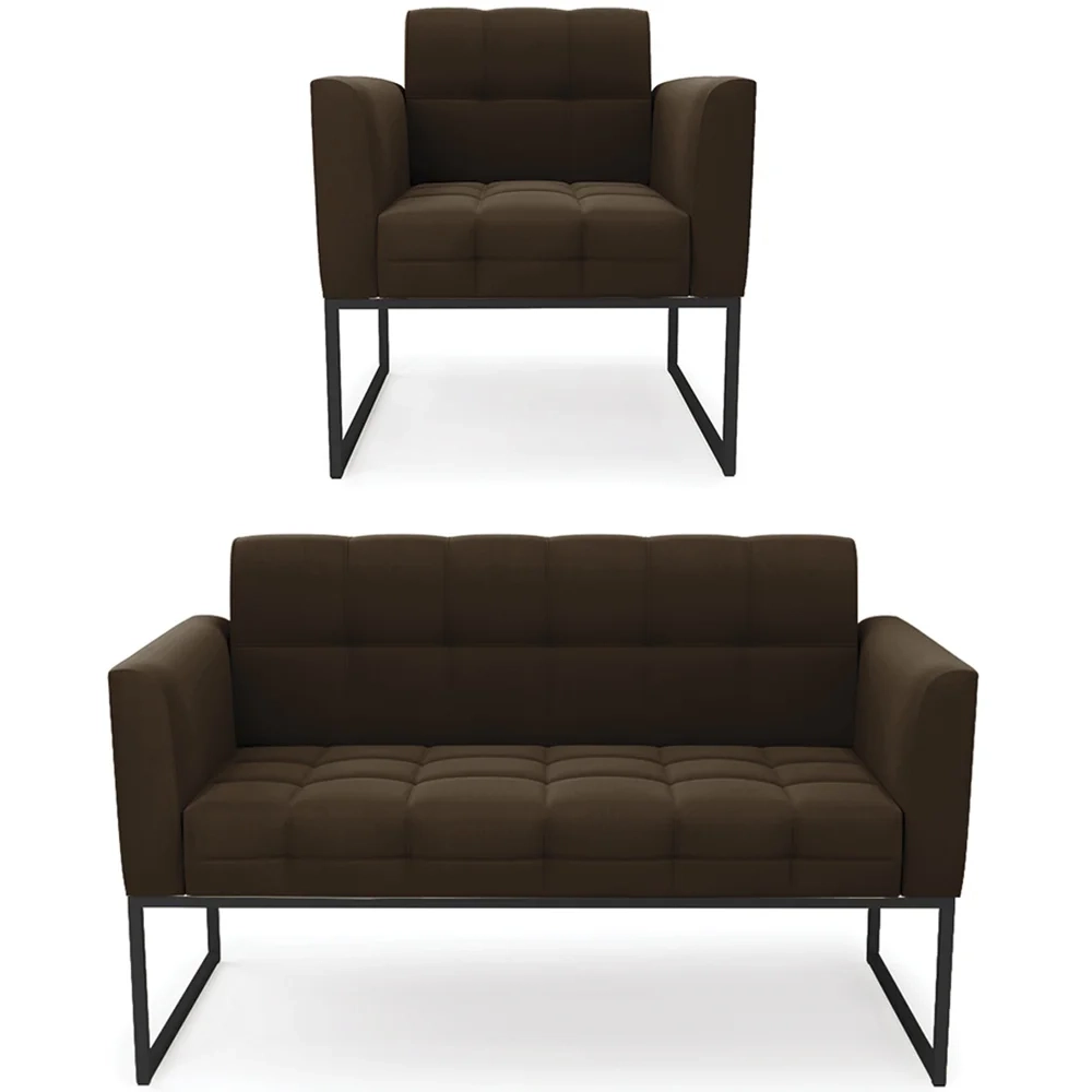 Sofá Namoradeira e 1 Poltrona Base Industrial Preto Ana Suede Marrom - Ibiza