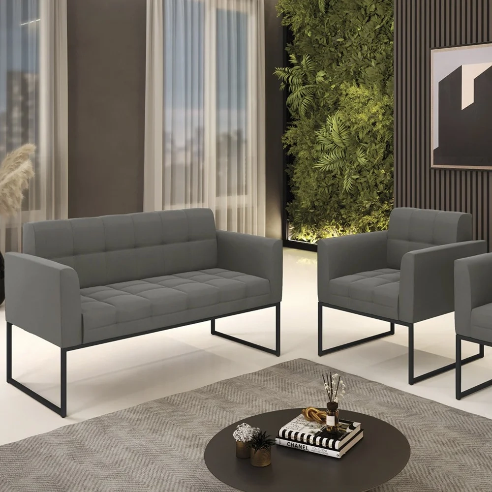 Sofá Namoradeira e 1 Poltrona Base Industrial Preto Ana Suede Grafite - Ibiza