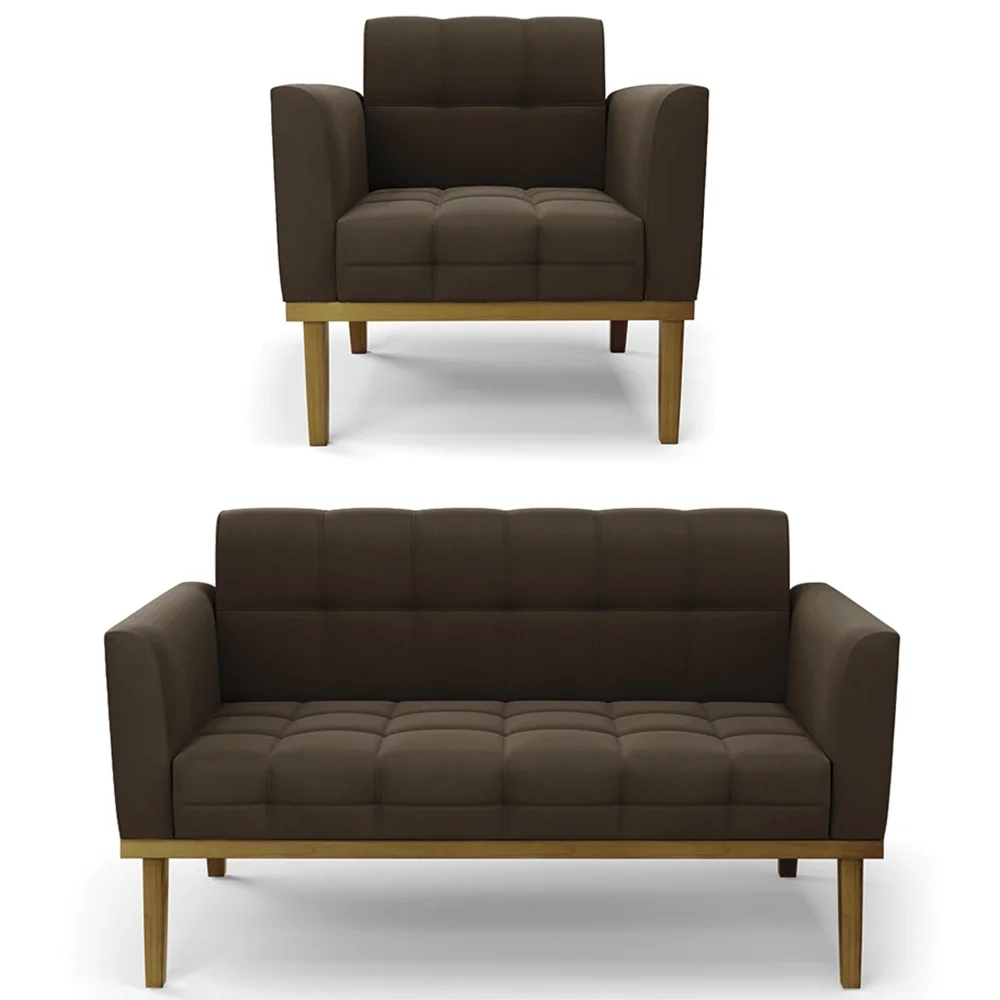 Sofá Namoradeira e 1 Poltrona Base Madeira Castanho Ana Suede Marrom - Ibiza