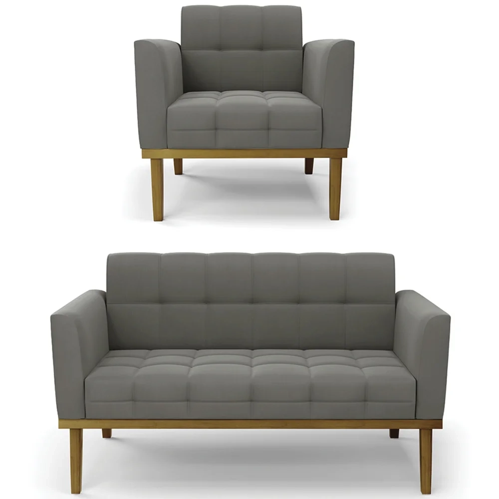 Sofá Namoradeira e 1 Poltrona Base Madeira Castanho Ana Suede Grafite - Ibiza